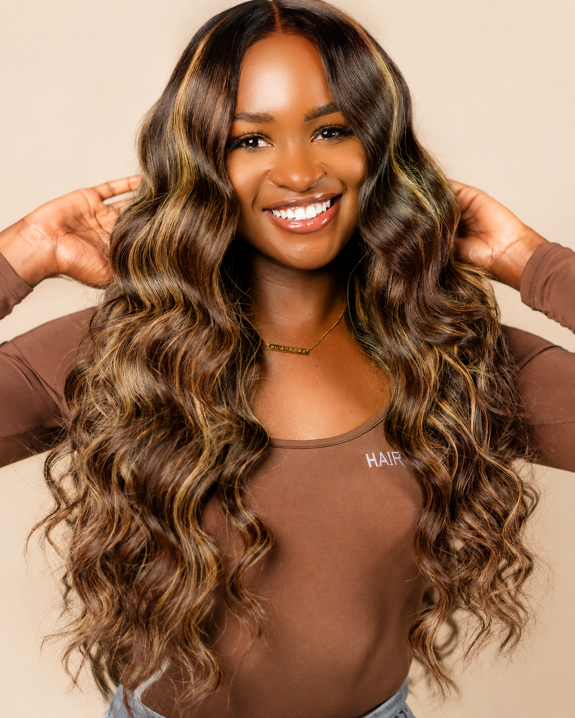 Chloe 2 highlighted long body wave HD closure wig on warm ivory