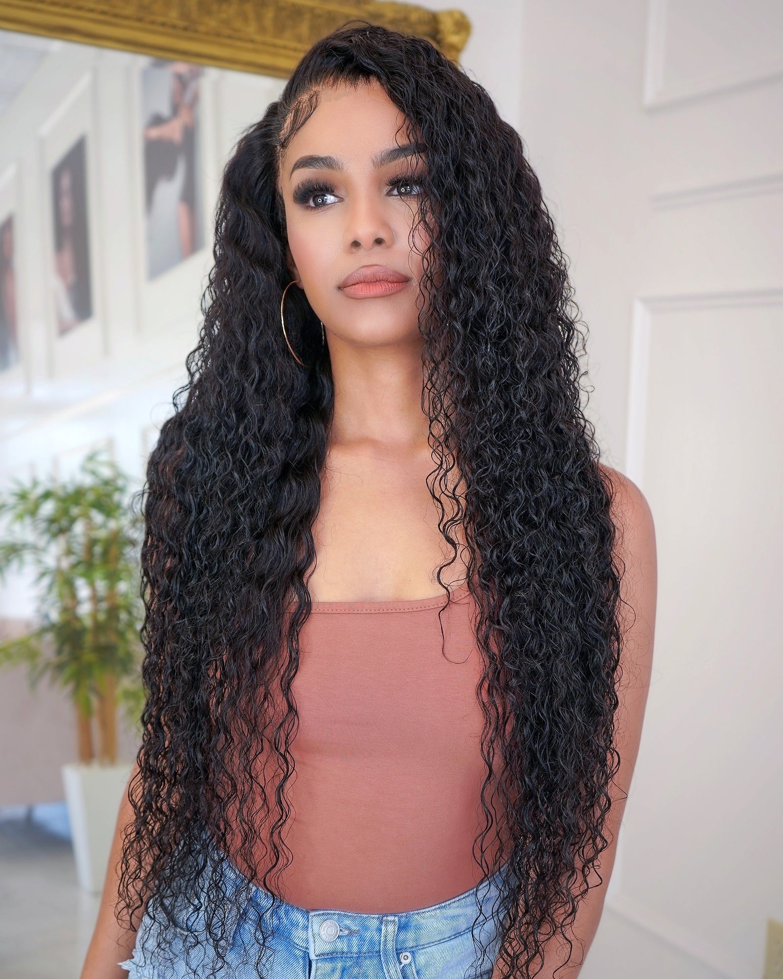 Long natural black deepwave HD frontal wig