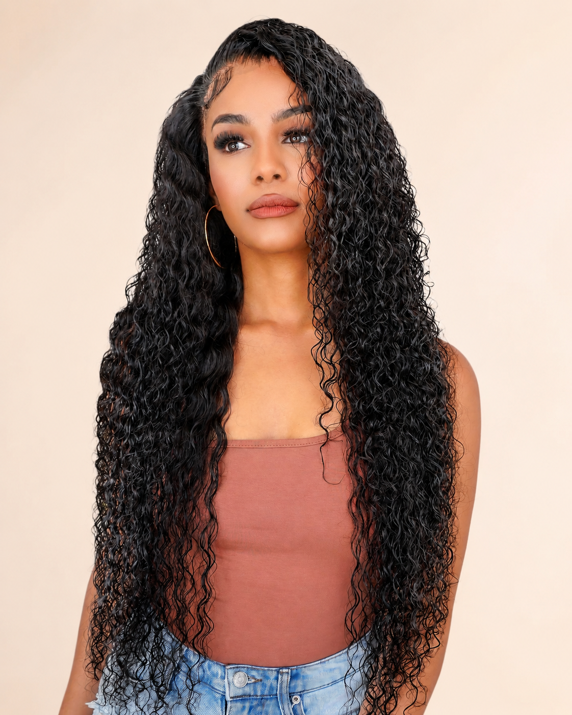 Long natural black deepwave HD frontal wig on warm ivory