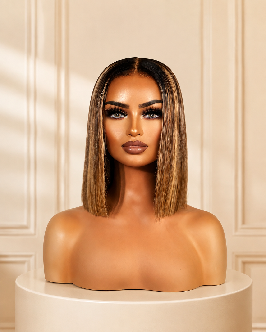 Javia highlighted blunt bob glueless wig on ivory pedestal