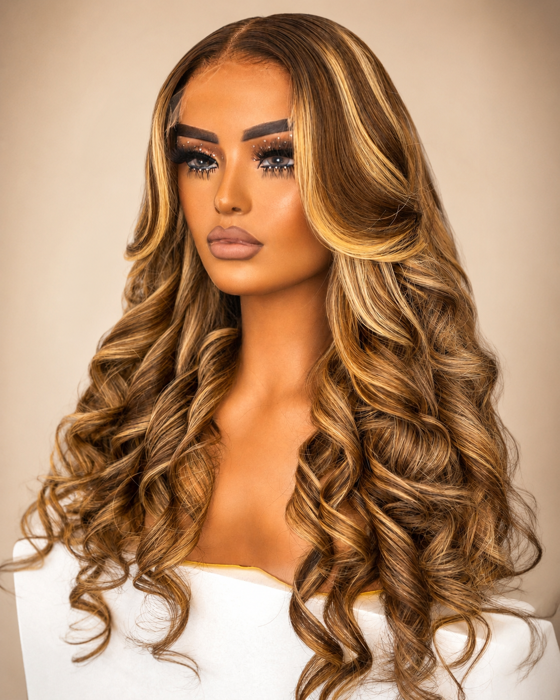Lana brown and honey blonde body wave wig on warm ivory